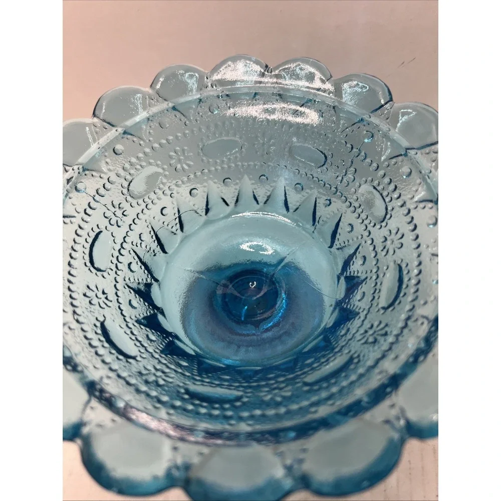 Blue Pressed Glass Vintage Pedestal Compote Bowl Decorative Scalloped Edge